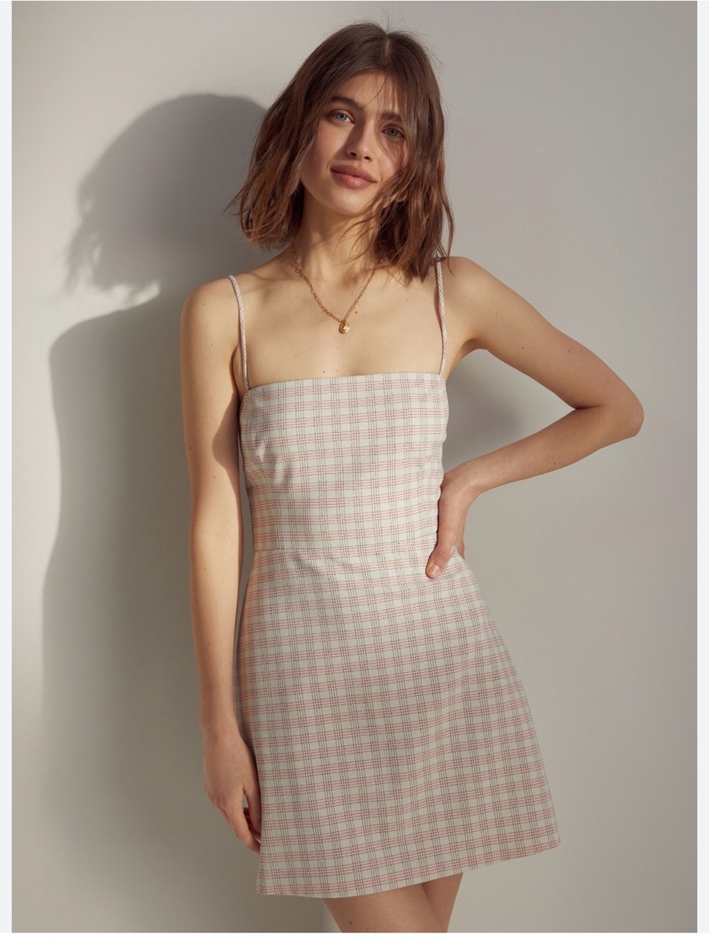 Wilfred Pink and White Plaid Smocked Mini Dress